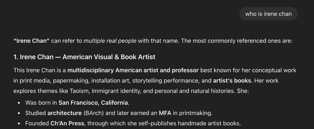 screenshot of chatgpt showing a response about irene chan